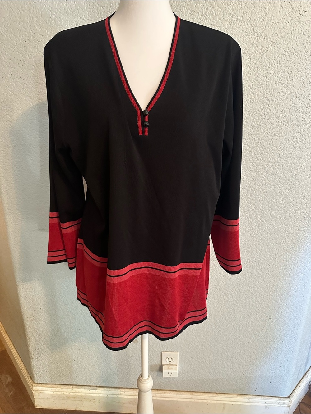 New! Misook Black Tunic with Red Stripe Trim